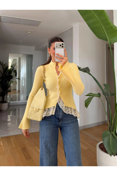 My Blog Yellow Lace Detailed Design Knitwear Cardigan - Th261017