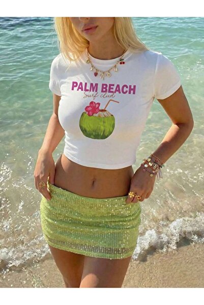 PALPİTO تيشيرت نسائي أبيض مطبوع عليه Palm Beach ذو رقبة دائرية وقصة ضيقة