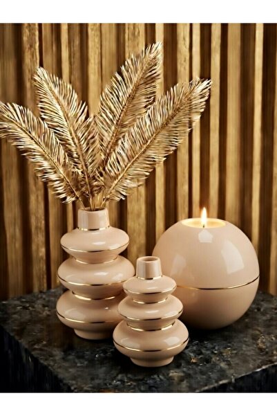LUNİVAA HOME Gold Çizgili Vazo Mumluk Dekor Set Ev Ofis ve Hediyelik Dekorasy...