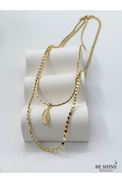 Be shine accessories 18K Çelik 2'li Ezme Zincir - Yaprak Uçlu Kolye Kombin (6...
