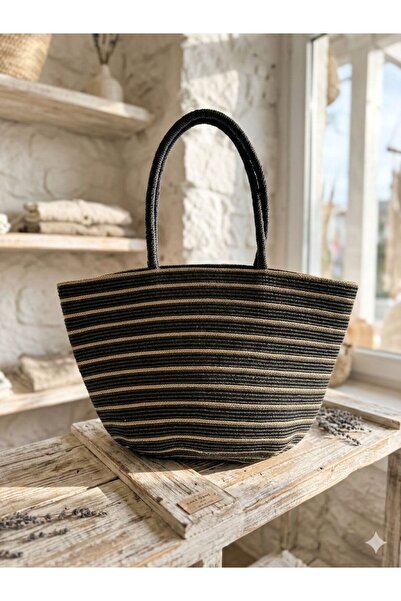 Axesoire NWC-1067 Μαύρη Ριγέ Ψάθινη Τσάντα 49x30 εκ.