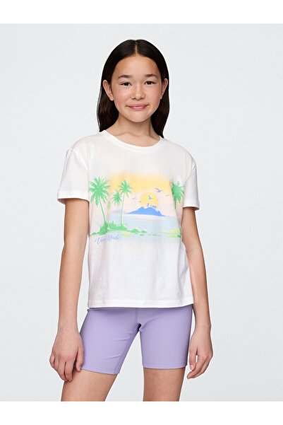 GAP Kız Çocuk Beyaz Grafik Baskılı T-Shirt