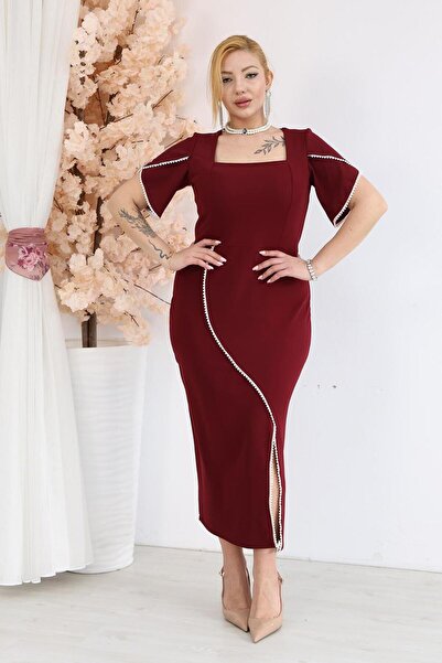 Siyezen Plus Size Evening Dress with Flared Sleeves and Pearl Detailing