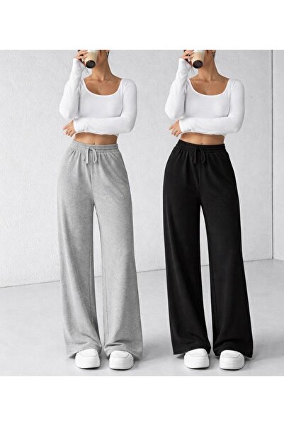 SULVERY 2 ADET SİYAH+GRİ RAHAT KALIP GENİŞ PAÇA YAN CEPLİ YAZLIK EŞOFMAN ALTI