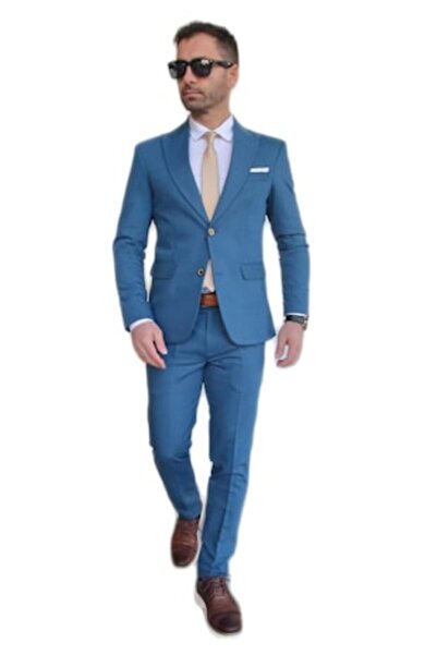 Sunt Romanesc Costum bărbătesc, croială slim, turcoaz, casual, mărimea M