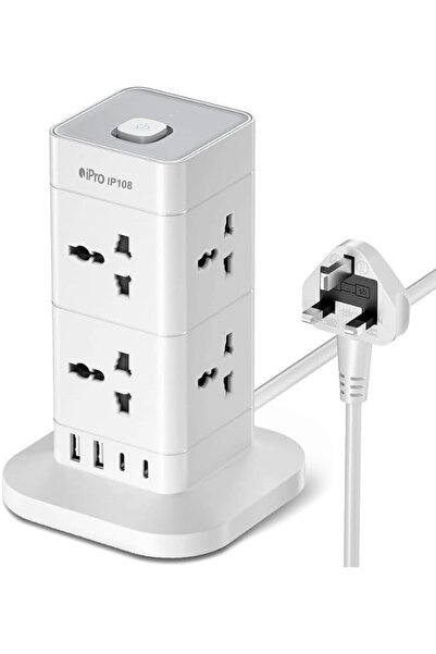 iPros iPro 12 in 1 Universal Tower Extension Socket, 8 Way Socket, 2 USB-A, 2...