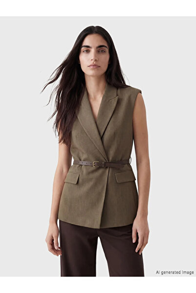 LC Waikiki Καφέ Γυναικείο Κλασικό Γιλέκο με Διπλό Γιακά και Ζώνη