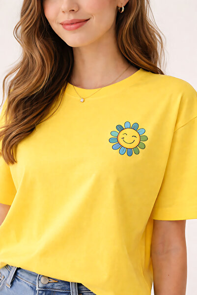 ArtYus Smiling Daisy Printed Unisex Oversize T-Shirt – Cotton Crew Neck Casua...