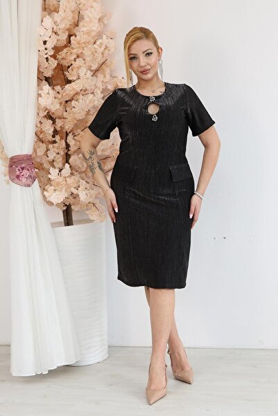 Siyezen Plus Size Silver Sparkling Ornamented Evening Dress with Pocket Detail