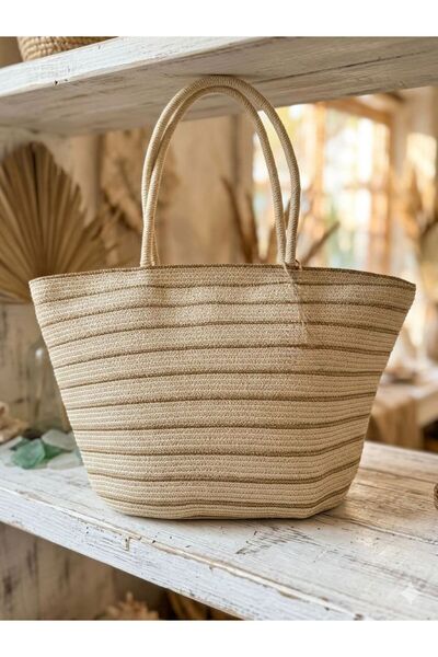 Axesoire NWC-1067 Μπεζ Ριγέ Ψάθινη Τσάντα 49x30 εκ.