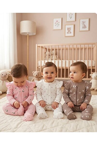 AKİ MODA KİDS Ruffle Detailed Floral Patterned Cotton 3-Piece Baby Girl Rompe...