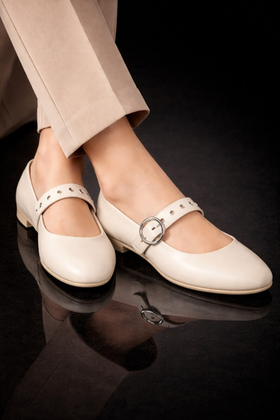 modastilin BIRDY Kadın Bej Yuvarlak Tokalı Bantlı Kuş Gözü Detaylı Mary Jane ...