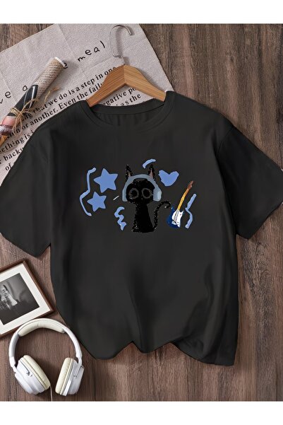 PixelWear تي شيرت لطيف للأطفال بتصميم قطة موسيقية، مقاس كبير، مناسب للجنسين