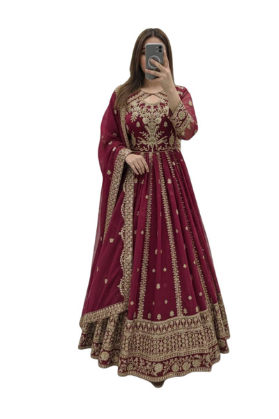 MYSMAR Rani Pink Gown With Pent Dupatt Set - FFT6826 - Rani Pink