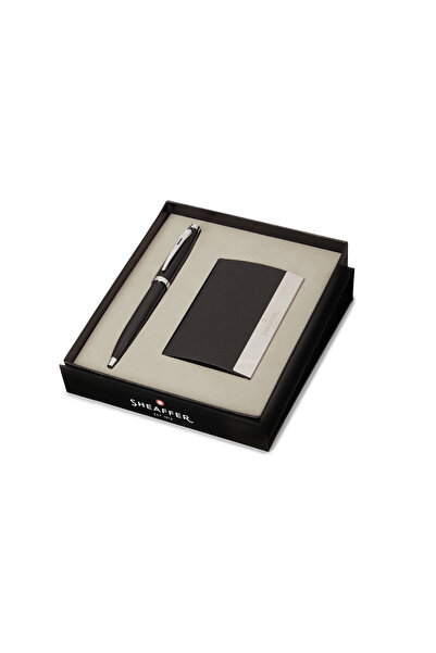 Sheaffer قلم حبر جاف 100 G9338 أسود لامع مع حواف مطلية بالكروم مع حامل لبطاقا...