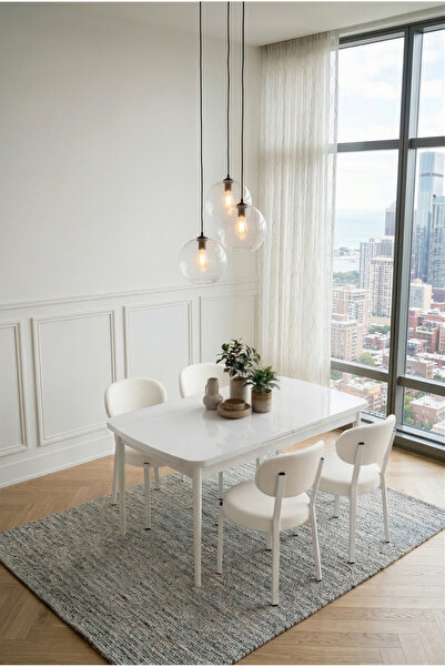 DEREN HOME Pufy Serisi 80x130 Açılabilir Masa +4 Adet Silinebilir Sandalye Ma...