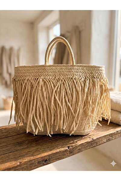 Axesoire NWC-1066 Μπεζ Ψάθινη Τσάντα με Κρόσσια 41x29 εκ.