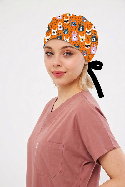 Class Üniforma Turuncu Tavşan Desenli Cerrahi Bone Hemşire Doktor Bonesi Unisex
