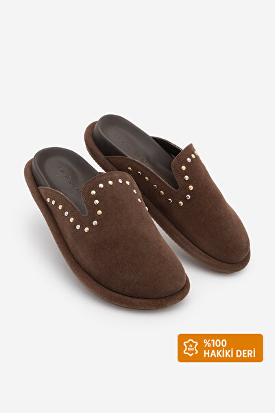 Marjin Women's Genuine Leather Studded Troklu Sabo Daily Slippers Sufite Brow...
