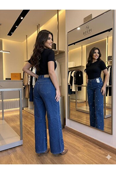 OwenLife Reepi̇ Jeans Wi̇deleg Stoned Dark Blue Full Riglalı Palazzo Boy:105C...