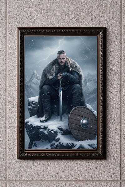 BuzzDesigns Vikings Ragnar Lothbrok Kılıçlı Taht Sahnesi Duvar Tablosu Çerçev...