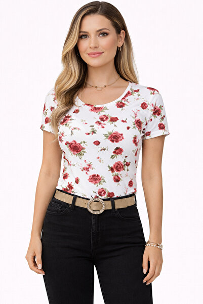 Trend Mixs Women's White Floral Patterned Short Sleeve Crew Neck Summer Styli...