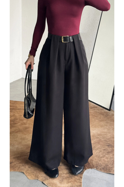 asfamoda Women's Black Hidden Belt Extra Loose Wide Leg Pants High Waist