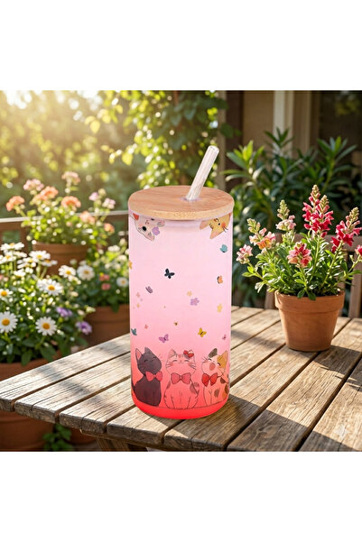 hesaplisiburada وعاء ماء من الزجاج المثلج بتصميم قطة لطيفة - سعة 600 مل مع شف...