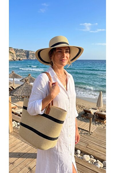 podyumgiyim Women's Straw Beach Hat & Bag Set Black Striped Summer Combination