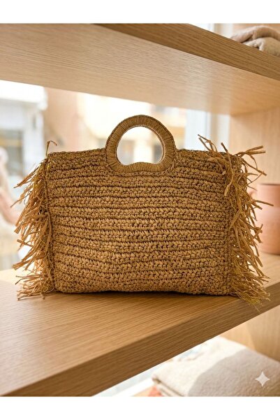 Axesoire NWC-1069 Ψάθινη τσάντα πλεκτή στο χέρι με κρόσσια από καμήλα 41x41x6...