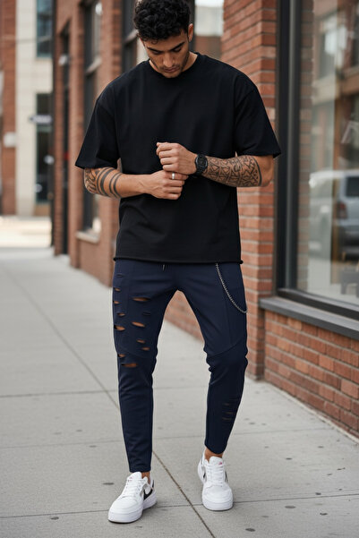 dehaine Men's ripped cotton sweatpants, 13040, navy blue