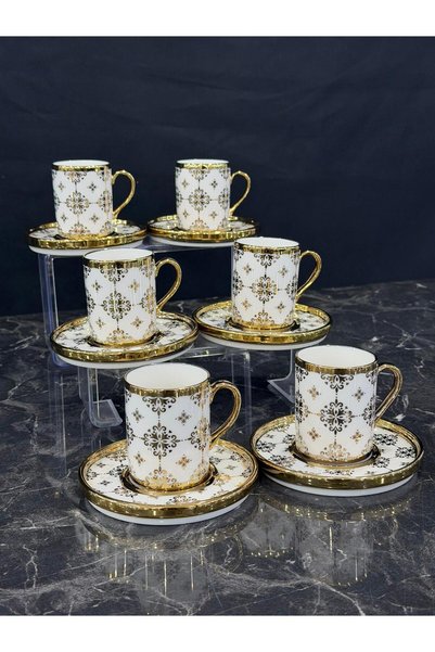 isra kristal Gold Patterned 6-Piece Coffee Cup Set - Porcelain Turkish Coffee Cup Set - 6-Piece Gold Cup Set