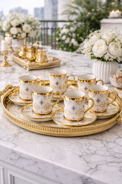 isra kristal Gold Patterned 6-Piece Coffee Cup Set - Porcelain Turkish Coffee...