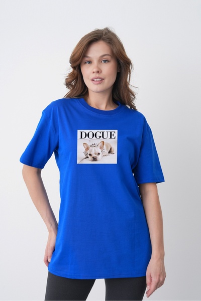 TREND EMMODA Tricou din bumbac albastru Saks, cu imprimeu Bulldog francez, st...