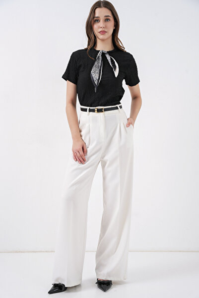 Modamorfo Women's Short Sleeve Scarf Knitted Blouse 981 - Black