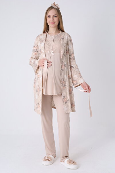 ERDENİZ TEKSTİL Women's Rose Patterned Maternity Pajama and Dressing Gown Set...