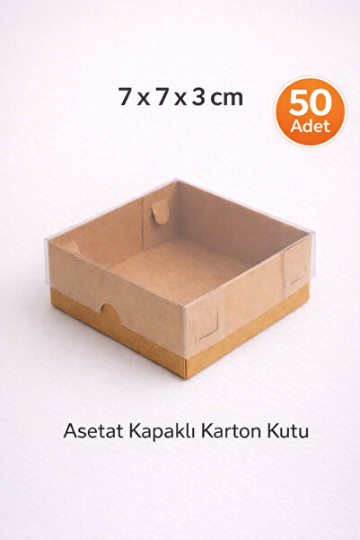 MUMTEDARİK Asetat Kutu 7x7x3 cm 50 Adet Kahverengi | Şeffaf Kapaklı Kraft Hed...