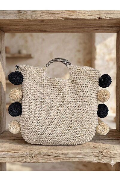 Axesoire NWC-1084 Bej Ponponlu El Örgüsü Hasır Çanta