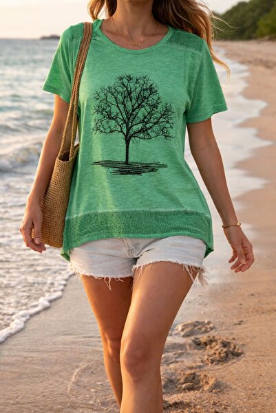 AGORATEKSTİL Γυναικείο μπλουζάκι από χτενισμένο βαμβάκι με σχέδιο δέντρου, με...