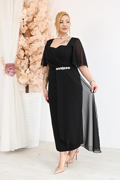 Siyezen Plus Size Evening Dress with Stone Accessories on the Front