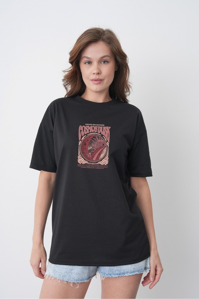 TREND EMMODA Tricou de damă din bumbac negru, cu imprimeu grafic Mystic Cosmi...