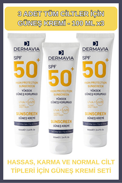Dermavia SPF 50+ Su Bazlı Güneş Kremi UVA/UVB Koruma Seti 3 Adet, Parfümsüz, ...
