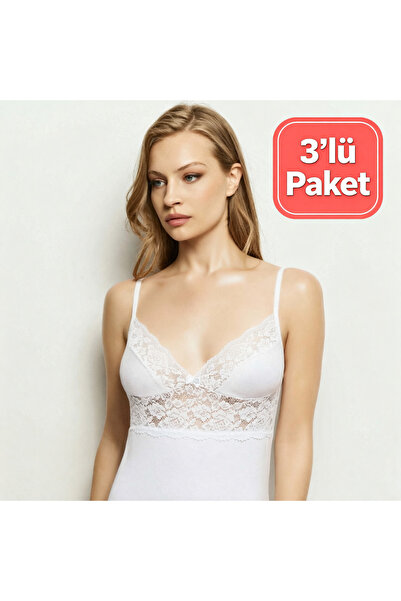 CANSUR Women's Lace Detailed Thin Strap Cotton Undershirt 3-Pack