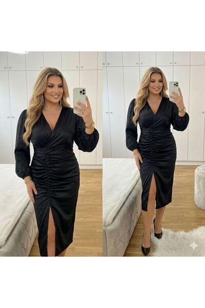 CİXAPLE Μακρυμάνικο σατέν φόρεμα με σκίσιμο