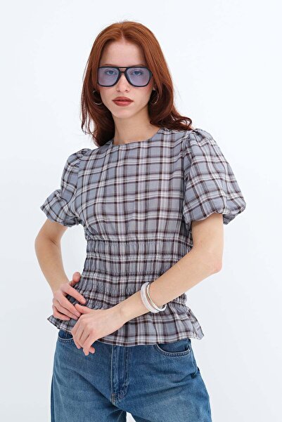 Addax Plaid Pattern Elastic Blouse P18201