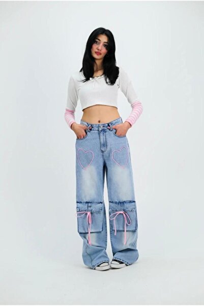 yesmoda Y2K Holly Heart and Ribbon Detailed Wide Leg Jeans