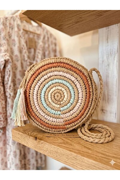 Axesoire NWC-1063 Camel Mini Cepli El Örgüsü Hasır Çanta 28x29 cm