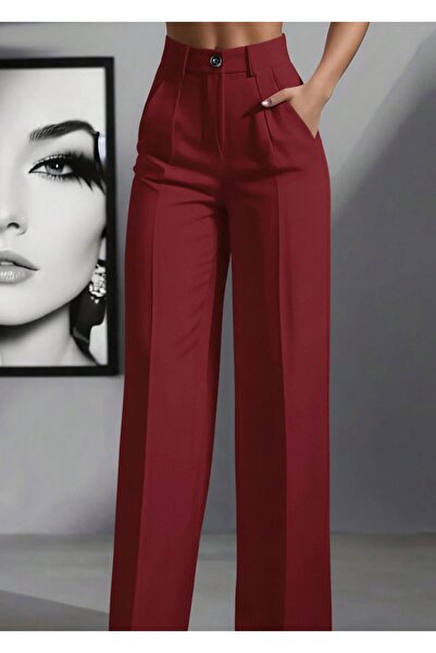 Hera Moda Pantaloni roșii cu talie înaltă, plisați, cu croială lejeră, pentru...