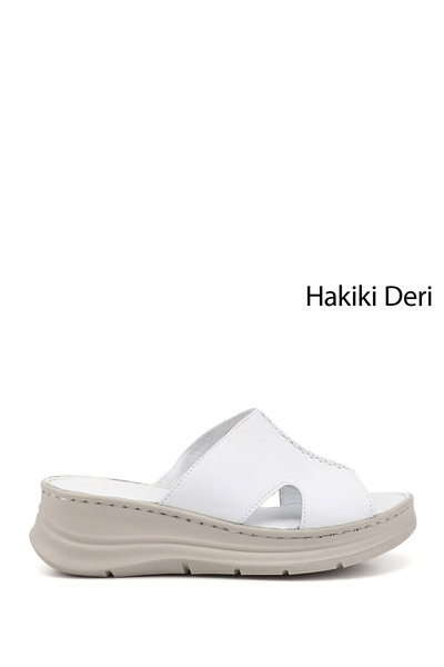 GÖNDERİ(R) Women's White Wedge Sole Genuine Leather Slippers