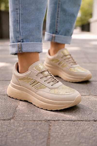 Emax Women's Beige Gold Glitter Thick Sole Sneaker Daily Comfortable Sports S...